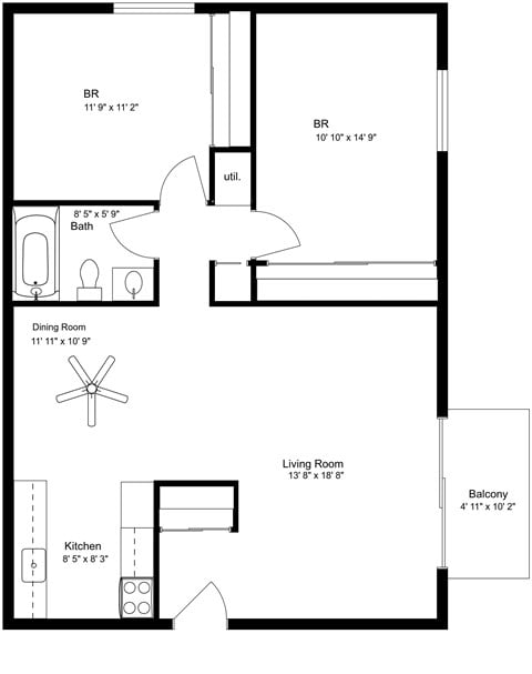 Floor plan for 2 beds, 1 bath, 936 sqft